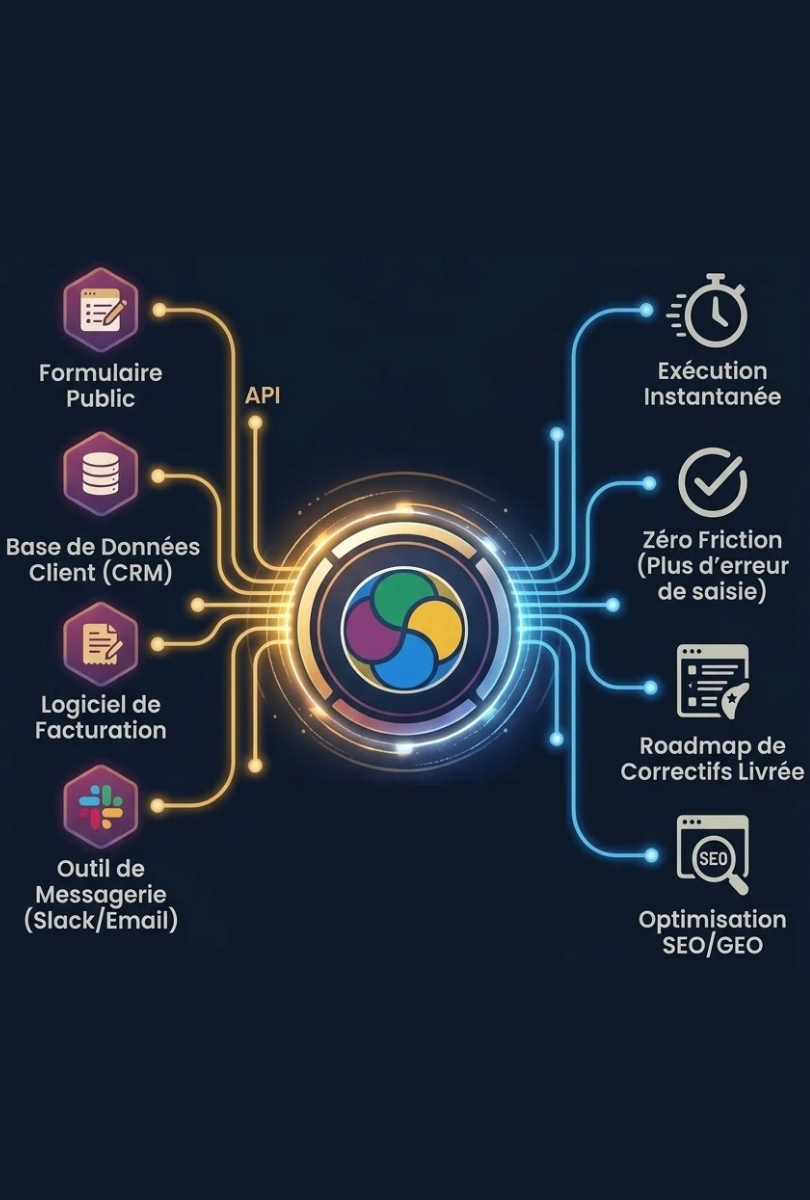 Schéma d'automatisation de process Diguital : formulaire, CRM, facturation et messagerie connectés par API